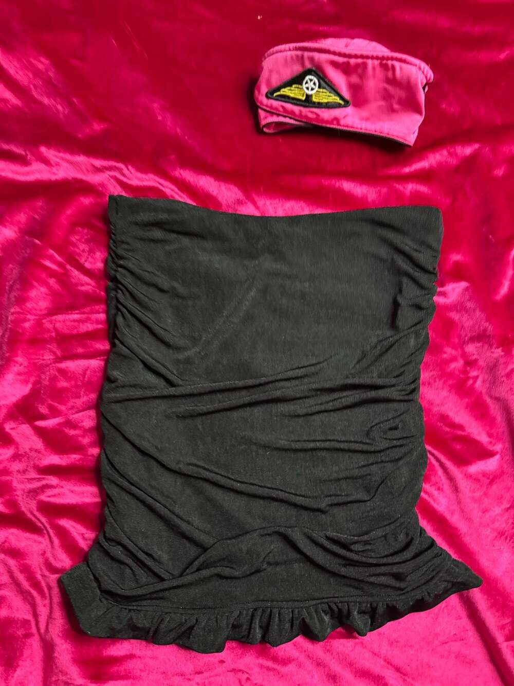 Black Ruched Mini Skirt with Ruffle Hem